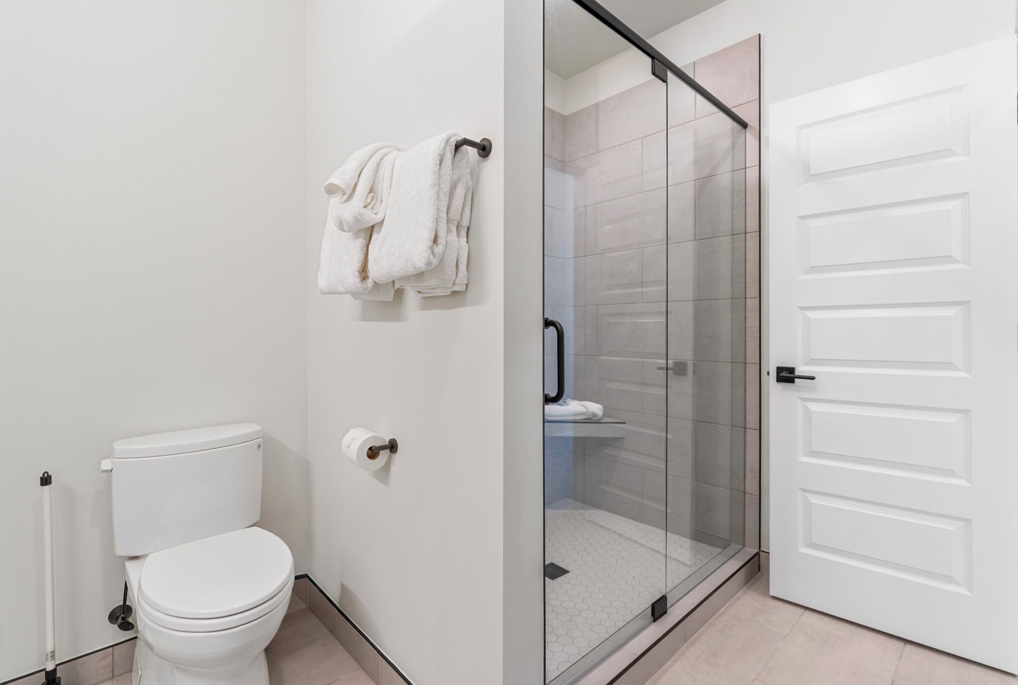 A modern bathroom with a toilet, a glass shower enclosure, and a white door.