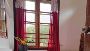 Una habitación con cama, una mesita con planta, una ventana con cortinas y suelo de madera.