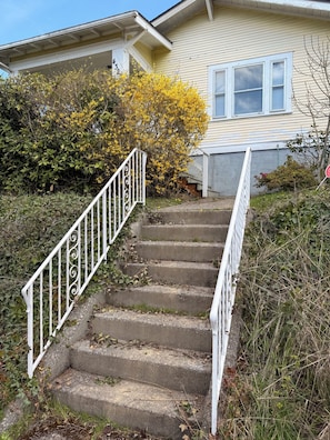 A house with a concrete staircase, white railings, and a yellow flowering bush.
