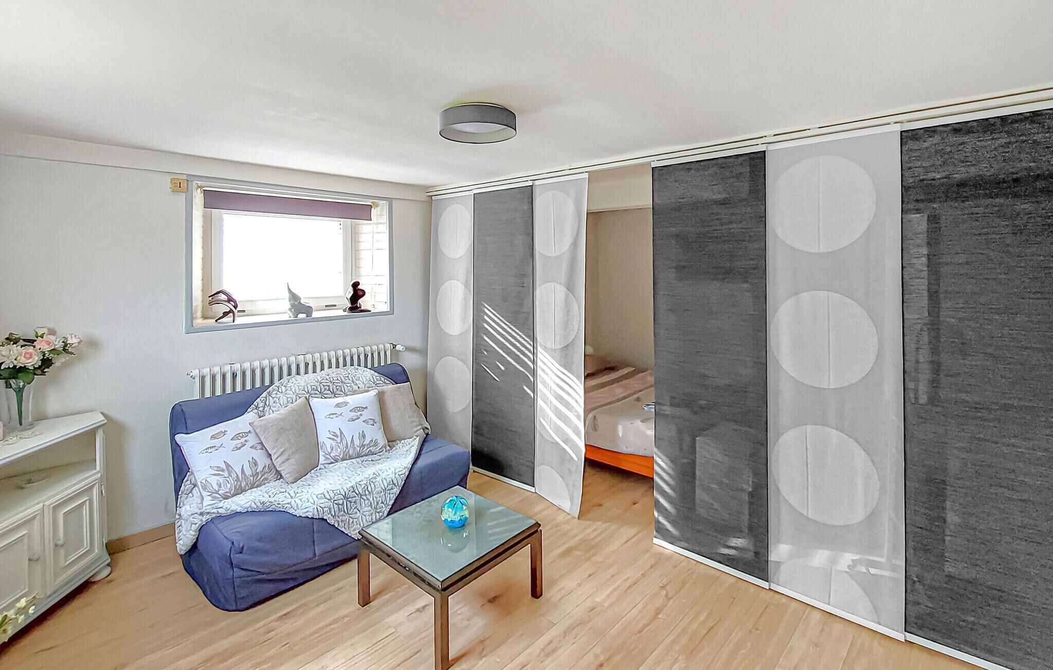 A modern living room with a sofa, a glass coffee table, a radiator, a window with a view, and a sliding door with circular patterns.