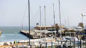 A marina with boats docked, a pier, and a building with a flag.