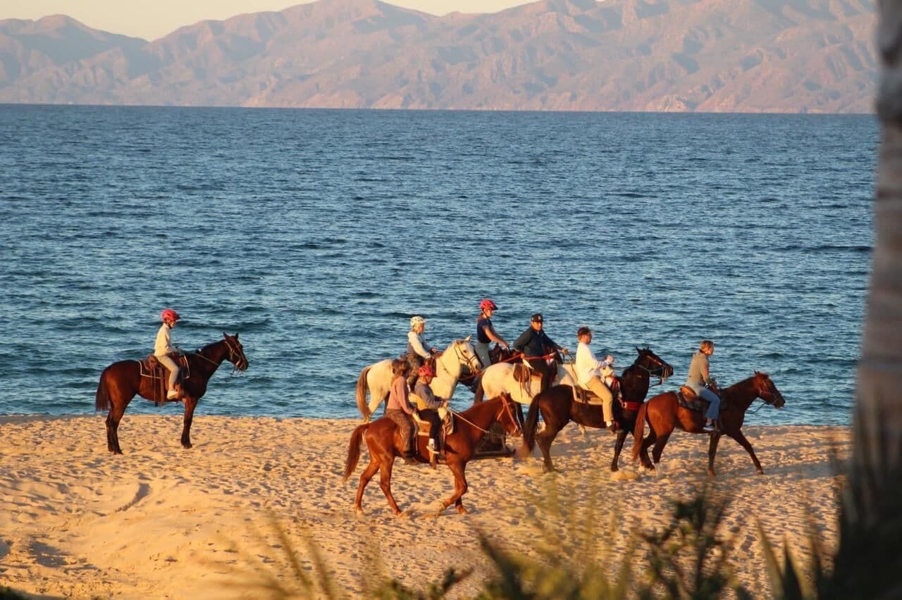 Ein Strand mit Menschen, die Pferde am Ufer entlang reiten.