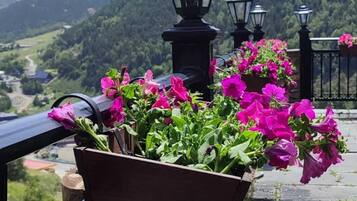 Un balcón con maceta de flores, barandilla y vista a la montaña.
