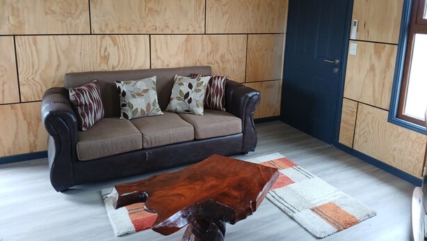 A living room with a brown leather sofa, patterned cushions, a wooden coffee table, and a door.