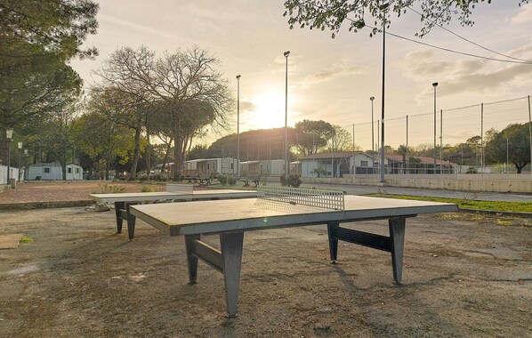 Een tennisbaan met een net, banken en lantaarns.