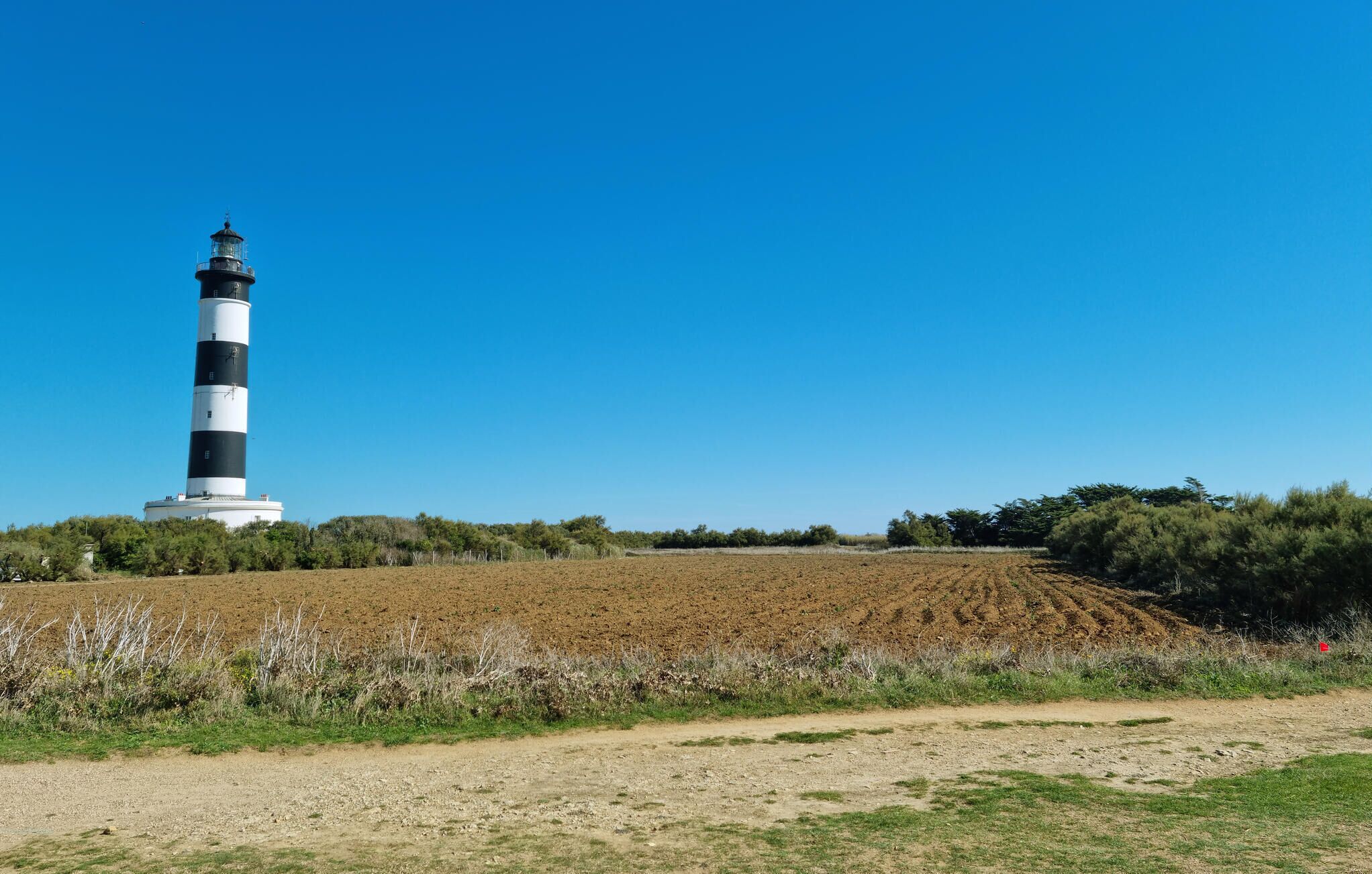A lighthouse on a hill with a clear sky.