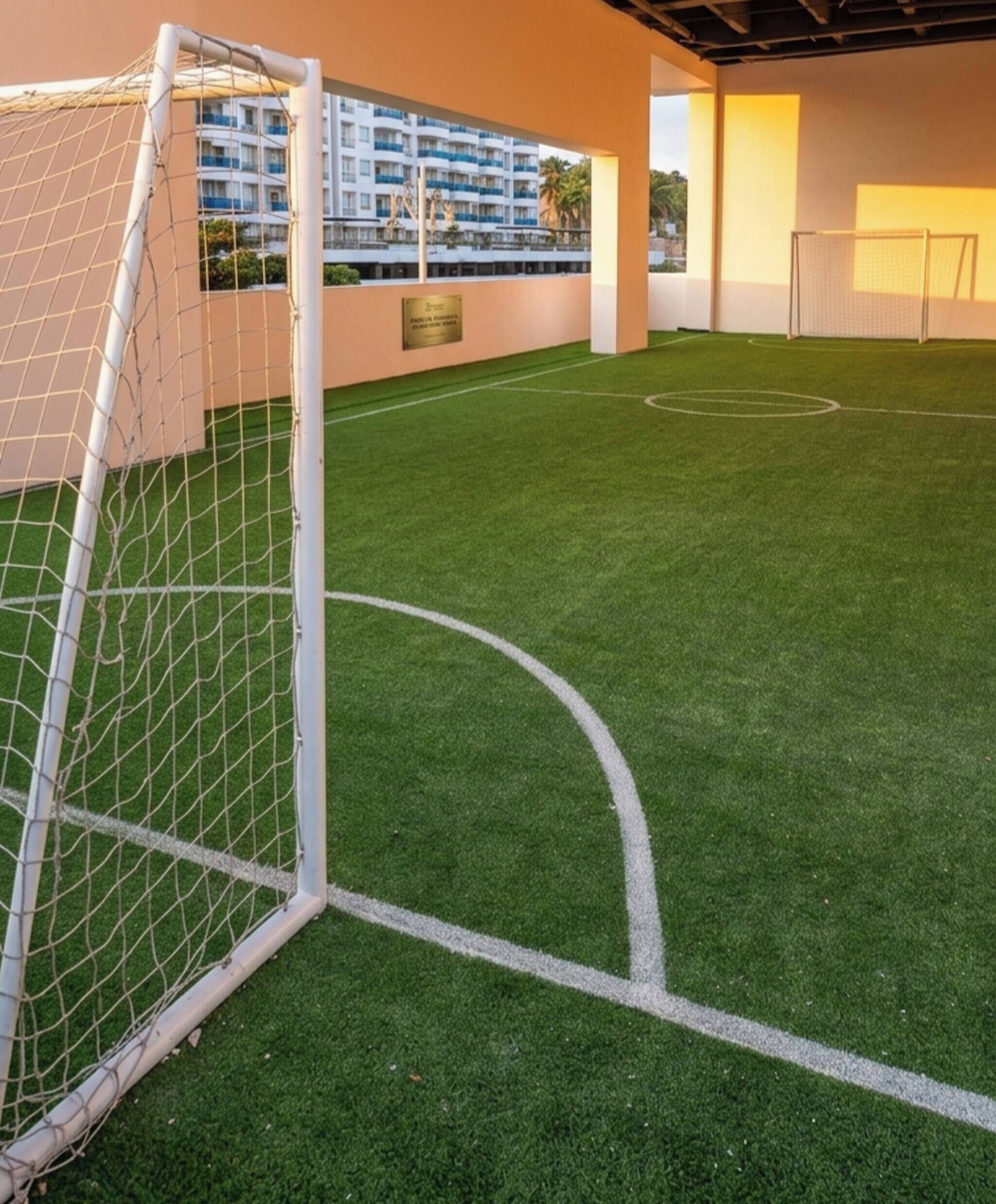 Um campo de futebol coberto com um gol, grama sintética e uma placa na parede.