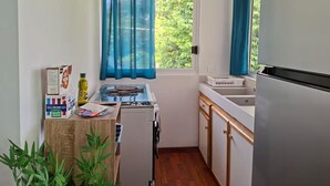 Eine kleine Küche mit Gasherd, Spüle und Kühlschrank.