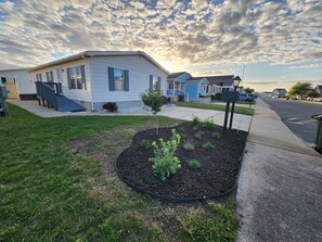 A residential area with houses, a driveway, and a landscaped garden.