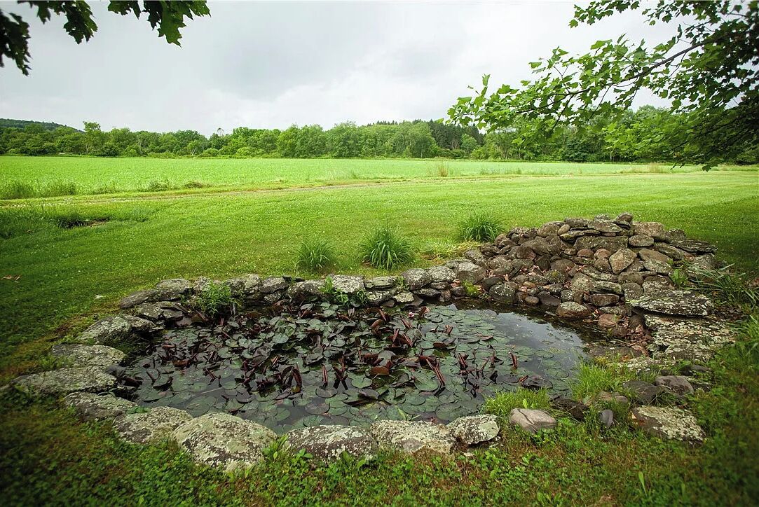 A pond surrounded by rocks and grass, with a field in the background.