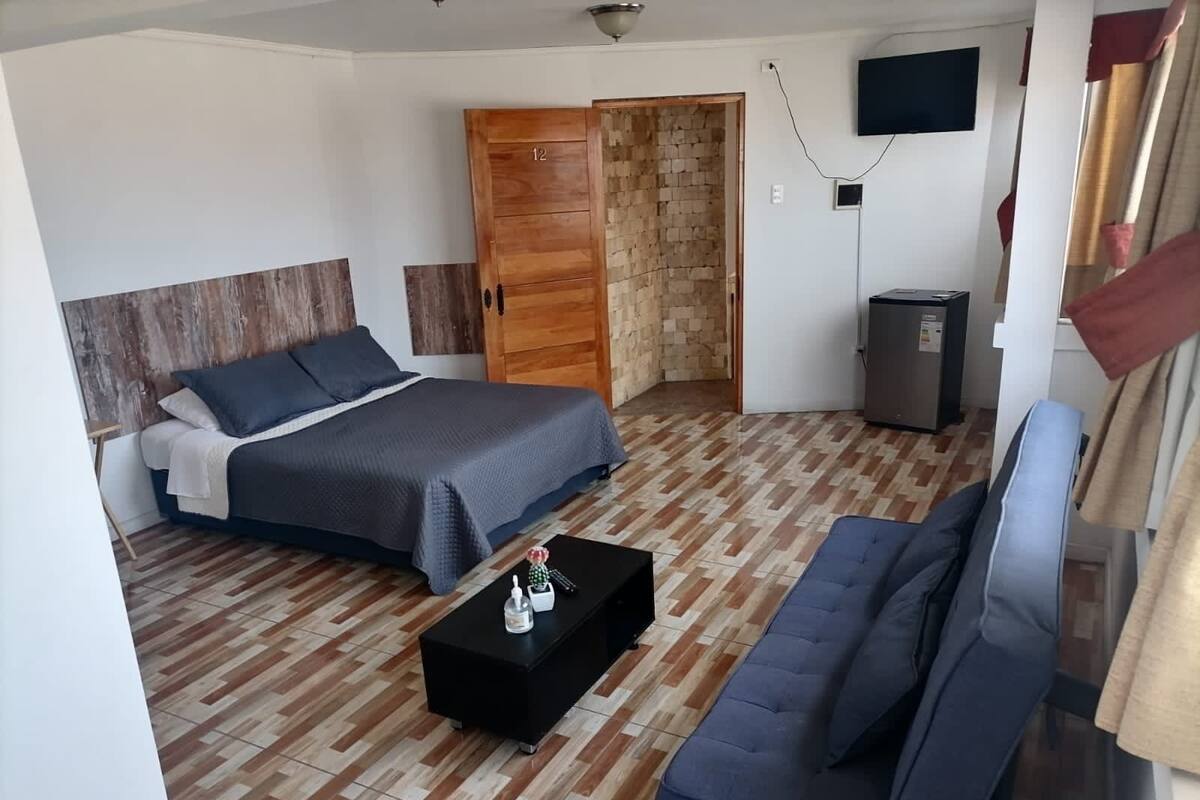 Un dormitorio con cama, sofá, televisor y una mesita.
