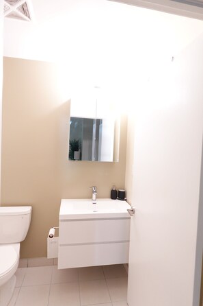 Sèche-cheveux, serviettes fournies, savon, papier toilette