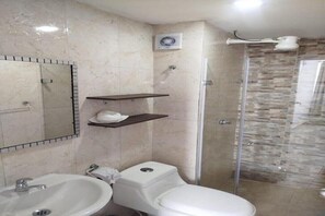 Sèche-cheveux, serviettes fournies, savon, papier toilette