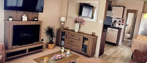 Televisión, chimenea y estéreo