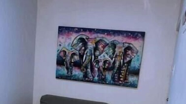 Un salon avec un canapé gris, une table basse en verre et quatre chaises grises. Un tableau coloré représentant des éléphants est accroché au mur.