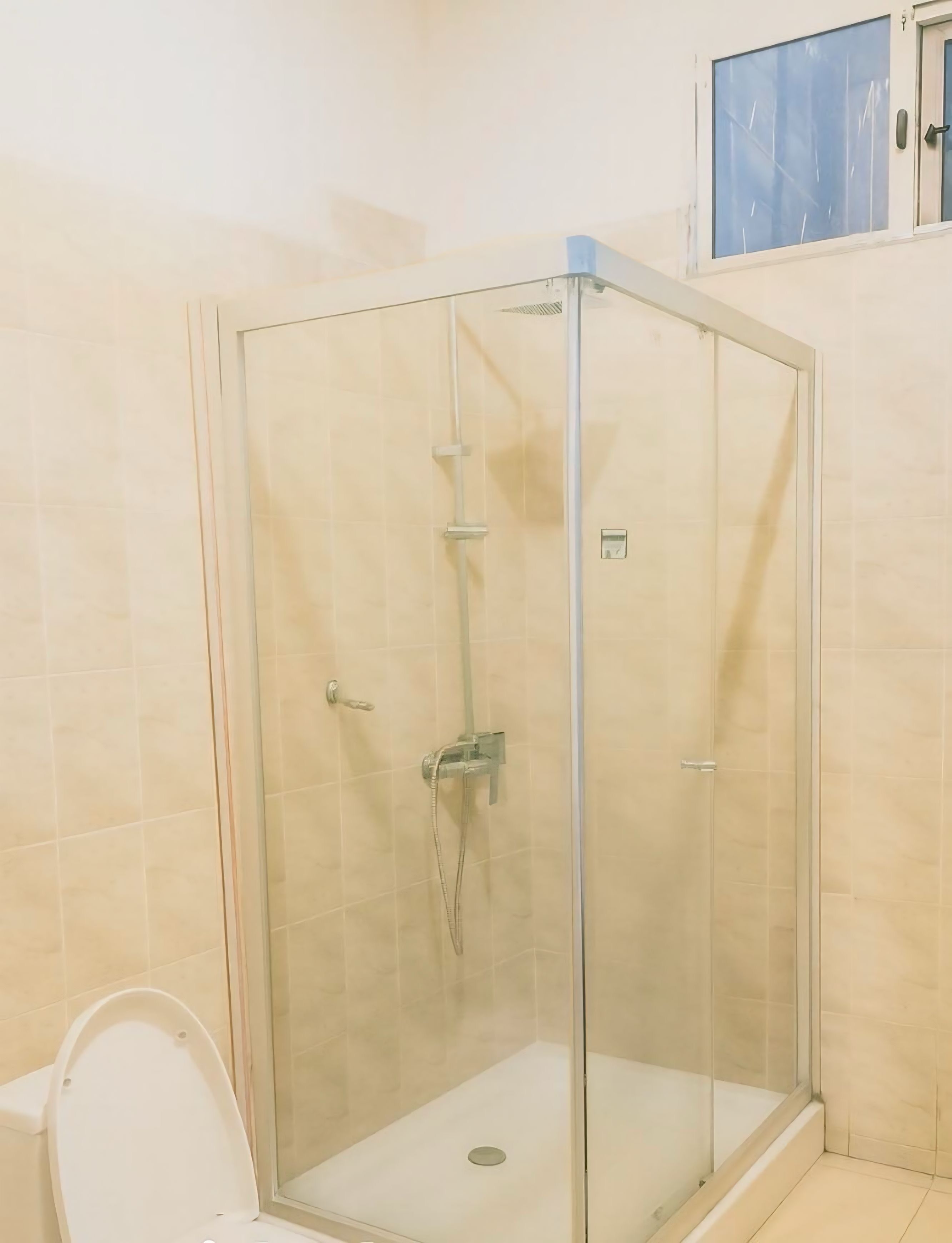 Shower, towels, soap, toilet paper