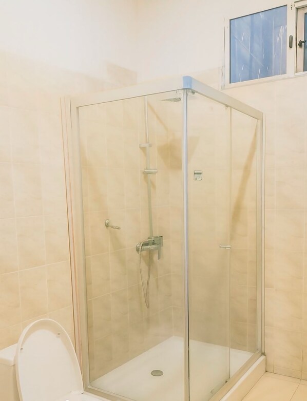 Shower, towels, soap, toilet paper
