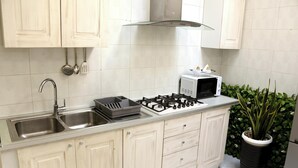 Eine Küche mit weißen Schränken, einer Edelstahl-Spüle, einem Gasherd, einer Mikrowelle und einer Blumentopf-Pflanze.