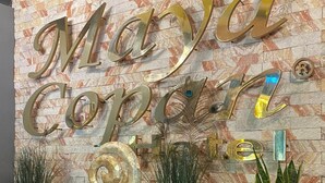 Un comptoir d’accueil agrémenté d’une enseigne décorative, de plantes en pot et d’un mur à motifs.
