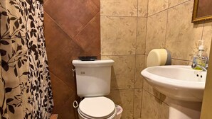 Une salle de bain avec des toilettes, un lavabo et un rideau de douche.