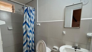 Un baño con ducha, inodoro, lavamanos y espejo.