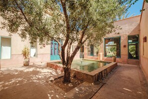 A courtyard with a tree, a fountain, and a building with blue doors. - Hotel Dar 55 Berbere House & Spa (Marrakech)