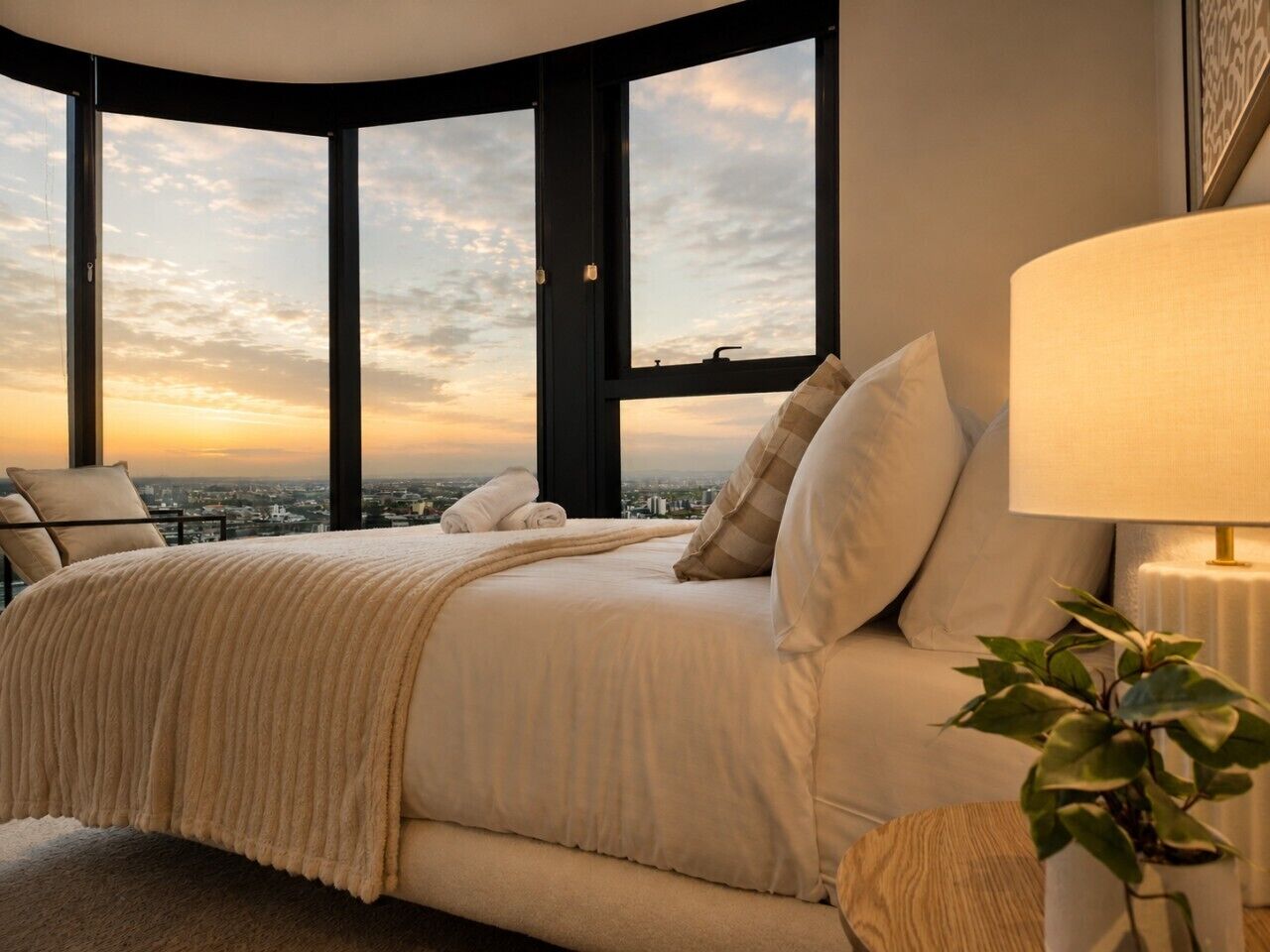 A bedroom with a large bed, a bedside lamp, and a view of the cityscape through large windows.