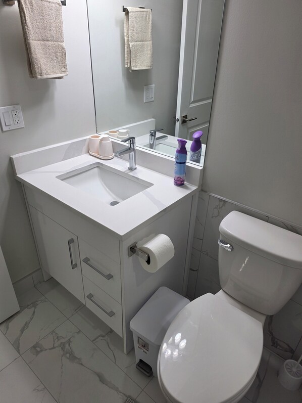 A bathroom with a white sink, mirror, toilet, and a trash bin.