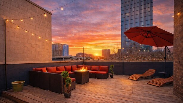 Eine Dachterrasse mit Feuerstelle, Sitzgelegenheiten und Blick auf die Skyline bei Sonnenuntergang.