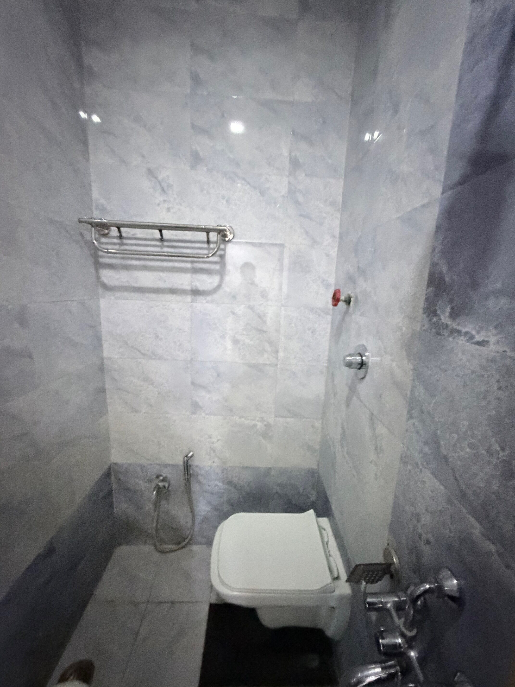 A small, tiled bathroom with a toilet, a shower, and a towel rack.