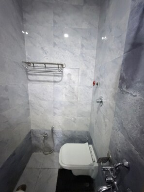 Een kleine badkamer met tegels, een toilet, een douche en een handdoekhouder.