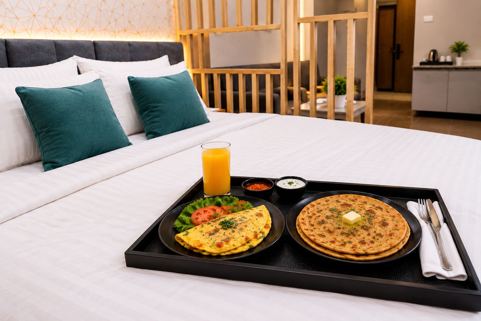 A neatly made bed with a tray of breakfast including an omelette, a flatbread, and a glass of orange juice.