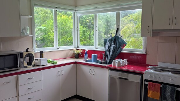 A kitchen with white cabinets, a microwave, a toaster, a sink, and a window with a view of greenery.