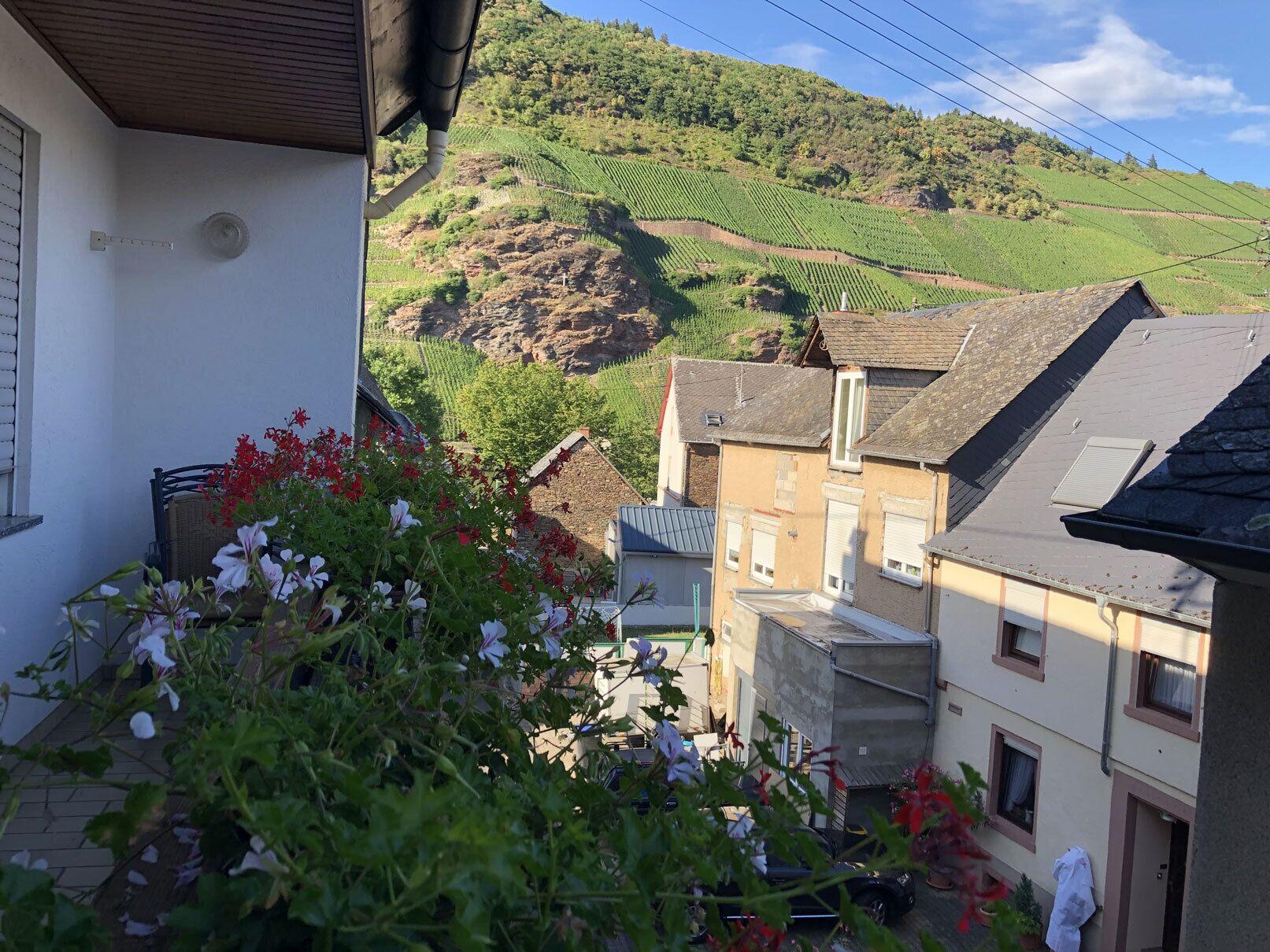A residential area with terraced vineyards in the background, a white building with a balcony, and a parked car.