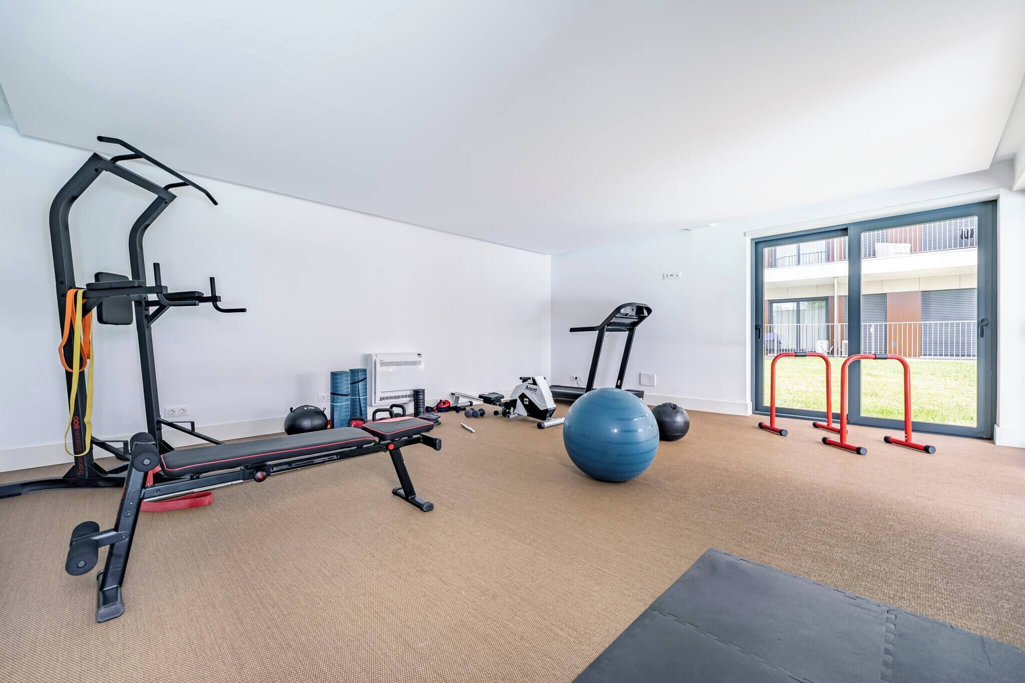 Une salle de sport équipée de matériel d’exercice, avec un grand ballon de gymnastique et une vue sur l’extérieur grâce à une porte vitrée.