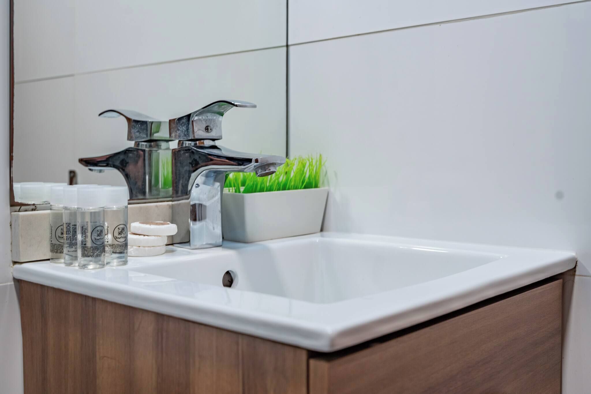 Un baño con un lavamanos blanco, un grifo moderno y un recipiente con plantas verdes.