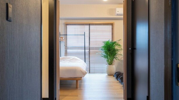 Ein Flur, der zu einem Schlafzimmer mit Bett, Topfpflanze und einer Schiebetür führt.