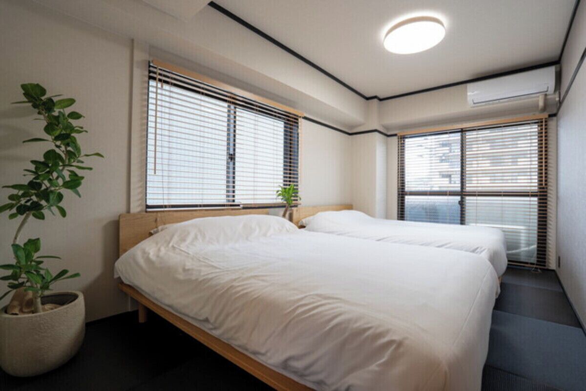 Une chambre avec deux lits, une plante en pot et une fenêtre avec des stores.