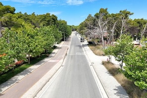 A tree-lined street with a clear road, sidewalks, and a distant car. - Richard Sea View Apartment (Qendër Vlorë)