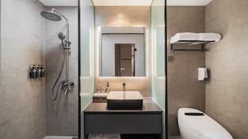 Shower, free toiletries, hair dryer, slippers