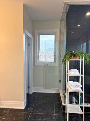 A hallway with a glass door leading to a room, a white shelf with towels, and a potted plant.