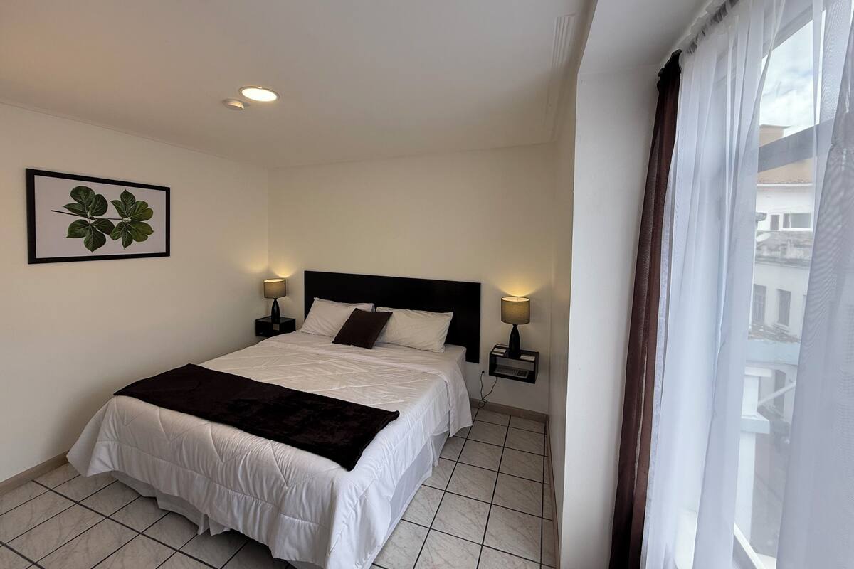 Une chambre d’hôtel avec un grand lit, deux tables de chevet avec des lampes, une plante décorative accrochée au mur et une fenêtre avec des rideaux.