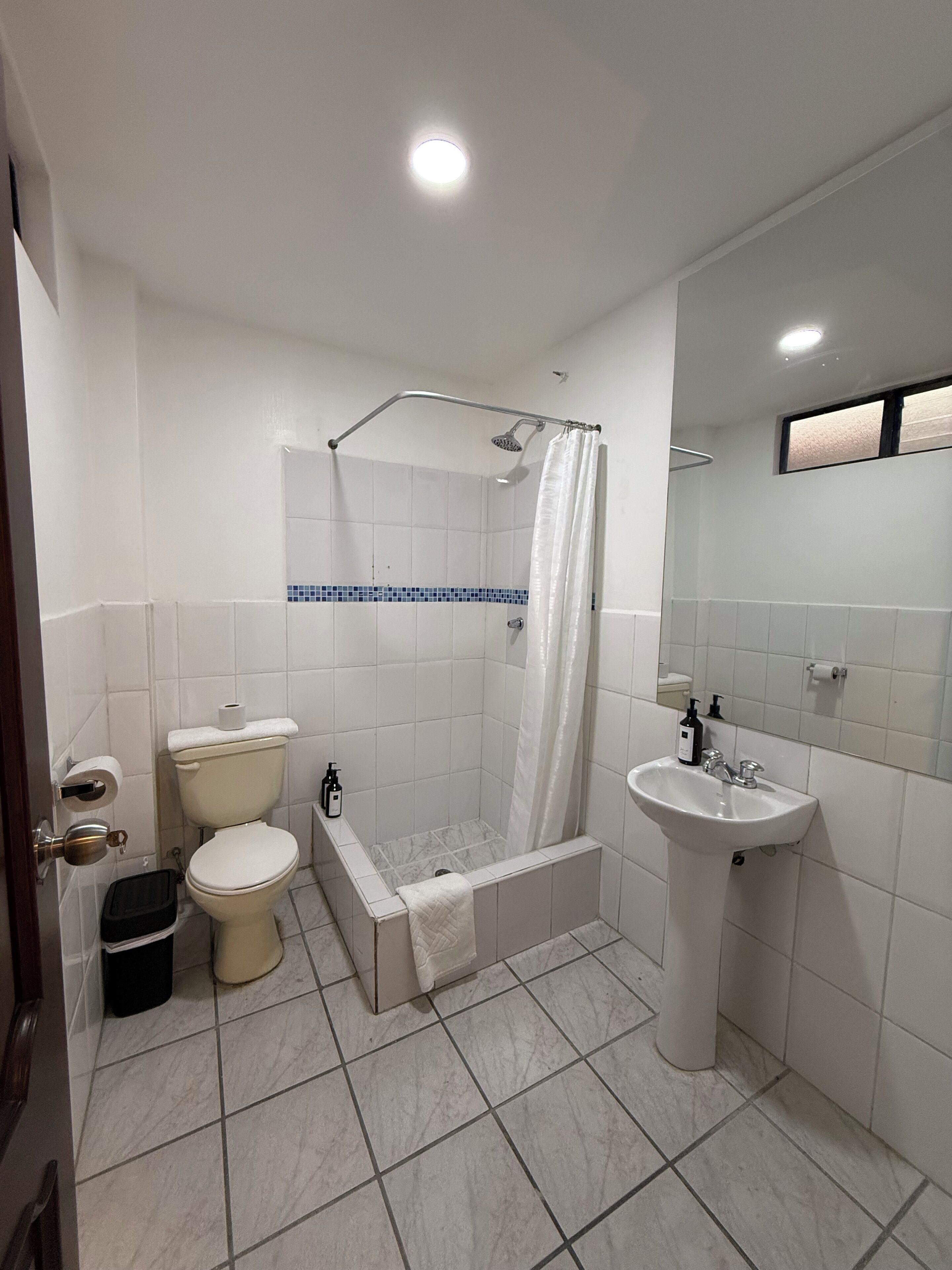 Un baño con inodoro, ducha y lavamanos.