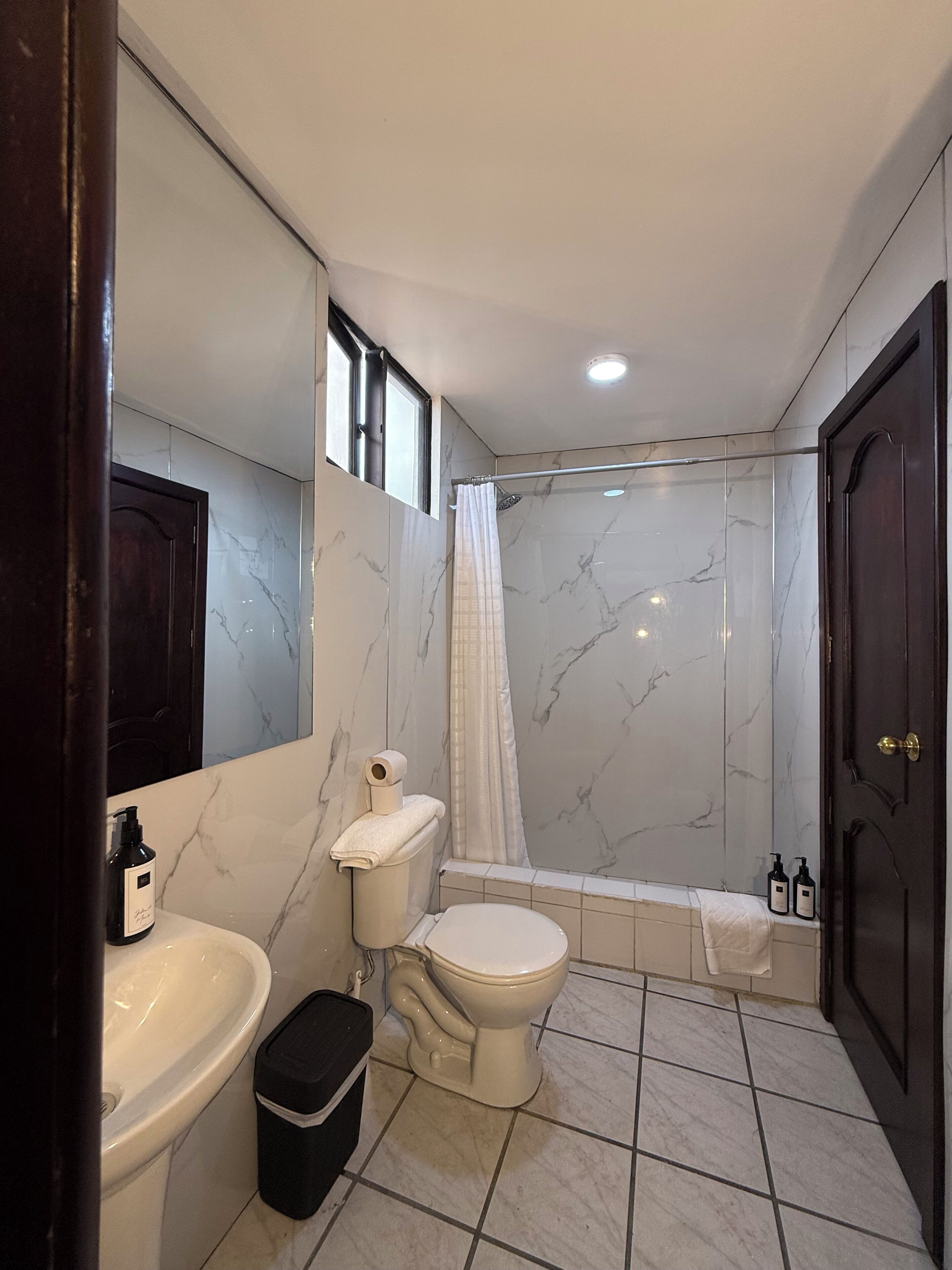A bathroom with a toilet, sink, shower, and a mirror.