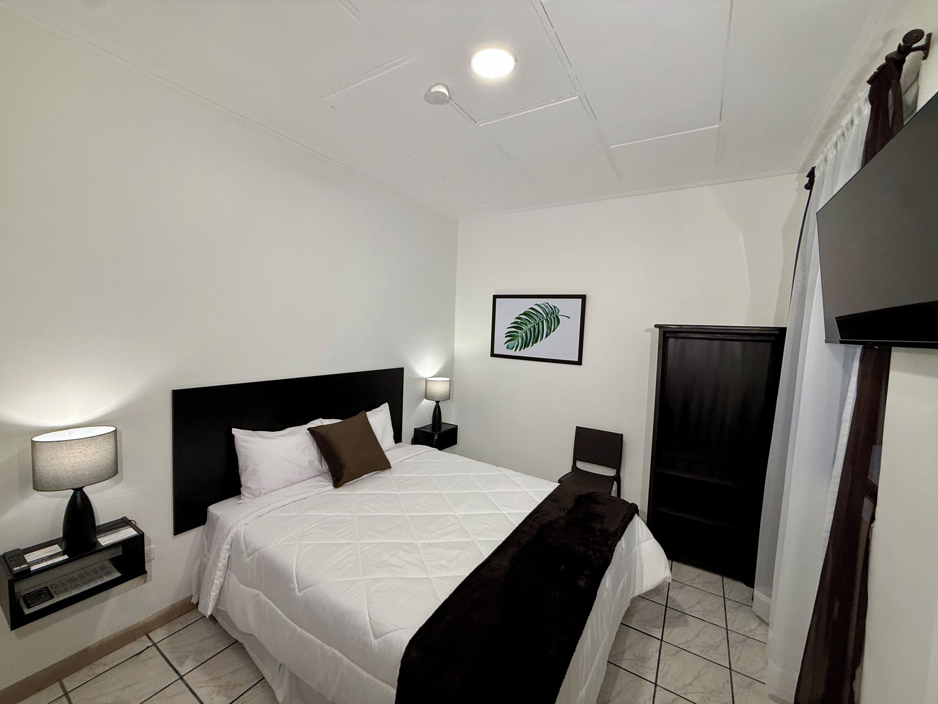 Une chambre d’hôtel avec un lit, une table de chevet avec une lampe, une œuvre d’art représentant une feuille encadrée, une porte sombre et un téléviseur.