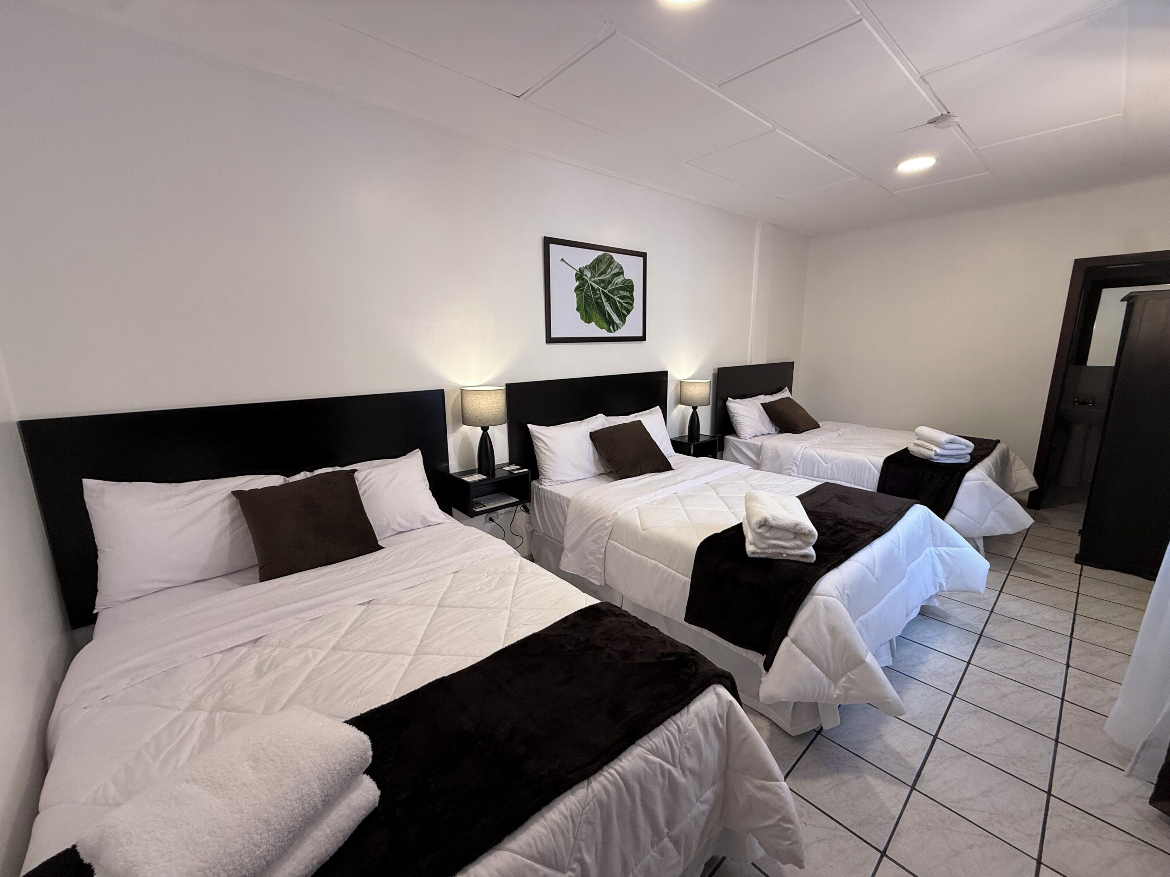 Una camera d'albergo con tre letti, ognuno con una testiera nera, biancheria bianca e una coperta marrone. Si nota una pianta in una cornice appesa al muro, un comodino con una lampada e una porta che dà accesso a un'altra stanza.