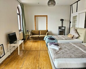A cozy room with a sofa, two beds, a TV, and a wood-burning stove. - Modern Suite in the Taunus (Bad Camberg)