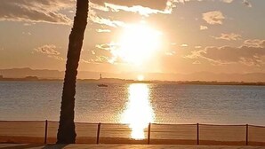 Um pôr do sol sobre a água, com uma palmeira e uma cerca em primeiro plano.