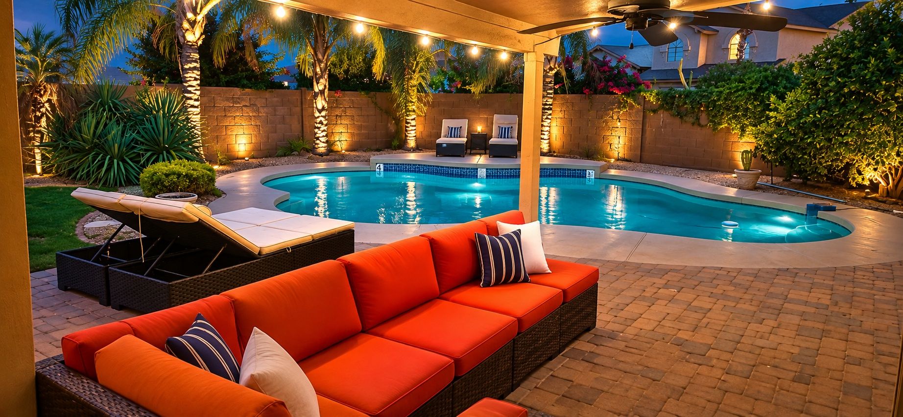 A swimming pool with a curved edge, surrounded by a brick patio, and a red sofa with cushions.