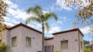 A stone building with a staircase, a palm tree, and a clear sky. - Epidavros Villas -  Dafni Stone & Garden Retreat (Nea Epidavros)